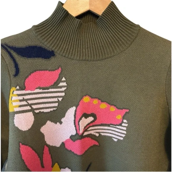Anthropologie Knitted Knotted Olive Green MockNeck Abstract Floral Sweater sz M - Picture 7 of 16